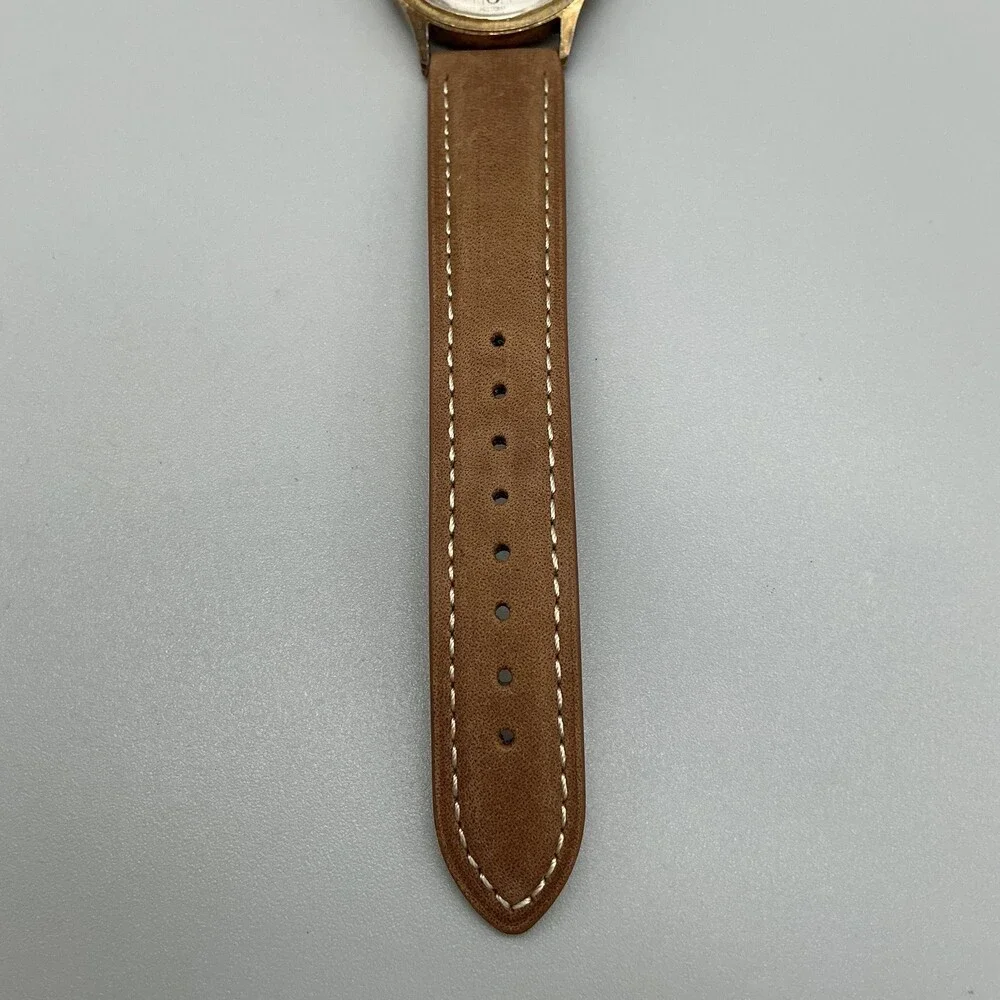Vintage Timex Automatic Mens Watch 35mm Gold Tone Date Brown Leather Strap